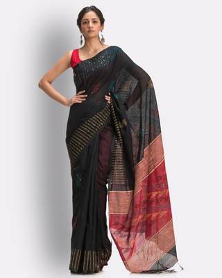 Black hand woven blended cotton saree with blouse 1