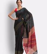 Black hand woven blended cotton saree with blouse
