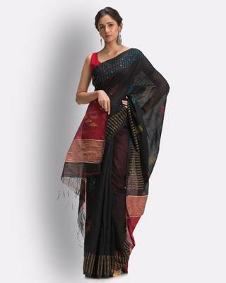 Black hand woven blended cotton saree with blouse 2