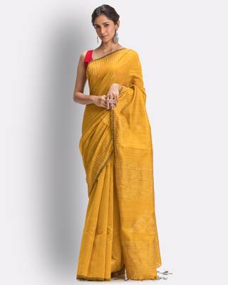 Mustard hand woven blended cotton saree with blouse 1