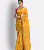 Mustard hand woven blended cotton saree with blouse