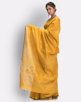 Mustard hand woven blended cotton saree with blouse 2