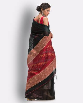 Black hand woven blended cotton saree with blouse 4