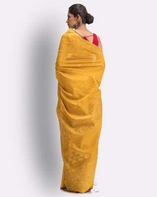 Mustard hand woven blended cotton saree with blouse 3