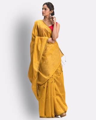 Mustard hand woven blended cotton saree with blouse 4