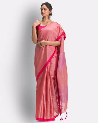 Peach hand woven cotton silk saree with blouse 1