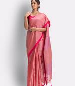 Peach hand woven cotton silk saree with blouse