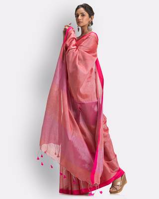 Peach hand woven cotton silk saree with blouse 2