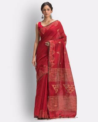 Red hand woven blended cotton saree with blouse 1