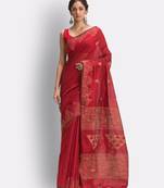 Red hand woven blended cotton saree with blouse