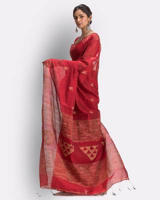 Red hand woven blended cotton saree with blouse 2
