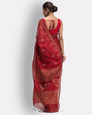 Red hand woven blended cotton saree with blouse 3