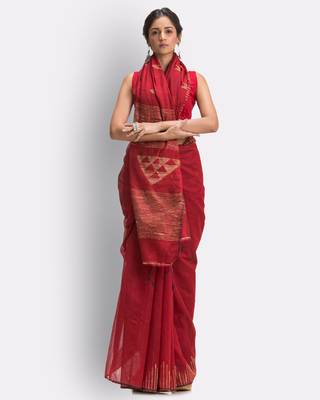 Red hand woven blended cotton saree with blouse 4