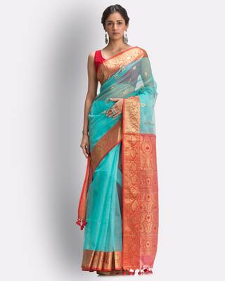 Aqua blue hand woven art silk saree with blouse 1