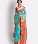 Aqua blue hand woven art silk saree with blouse