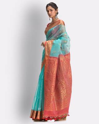 Aqua blue hand woven art silk saree with blouse 2
