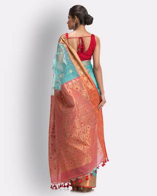 Aqua blue hand woven art silk saree with blouse 3