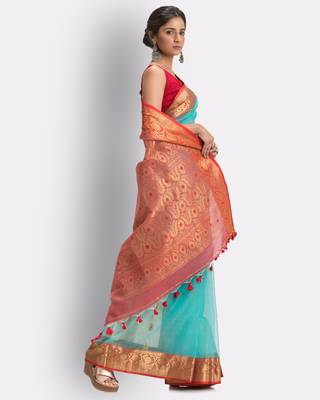 Aqua blue hand woven art silk saree with blouse 4