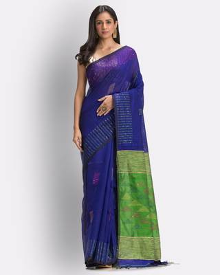Blue hand woven blended cotton saree with blouse 1