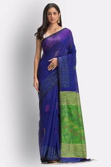 Blue hand woven blended cotton saree with blouse