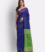 Blue hand woven blended cotton saree with blouse