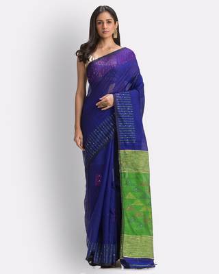 Blue hand woven blended cotton saree with blouse 2