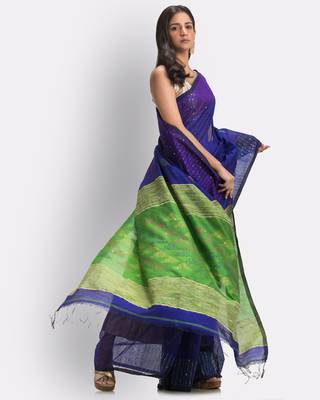 Blue hand woven blended cotton saree with blouse 3