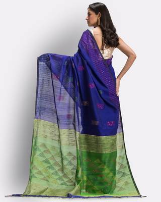 Blue hand woven blended cotton saree with blouse 4