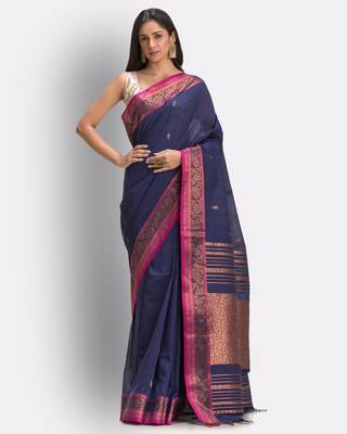 Navy blue hand woven cotton saree with blouse 1