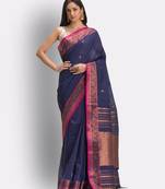 Navy blue hand woven cotton saree with blouse