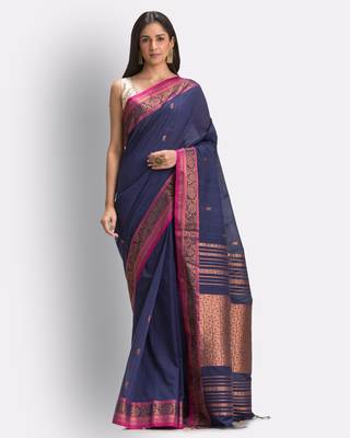Navy blue hand woven cotton saree with blouse 2