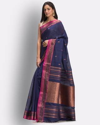 Navy blue hand woven cotton saree with blouse 3