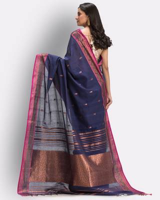 Navy blue hand woven cotton saree with blouse 4
