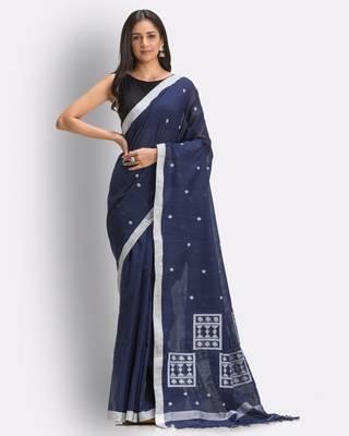 Navy blue hand woven cotton saree with blouse 1