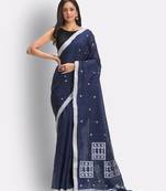 Navy blue hand woven cotton saree with blouse