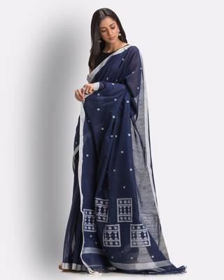 Navy blue hand woven cotton saree with blouse 2