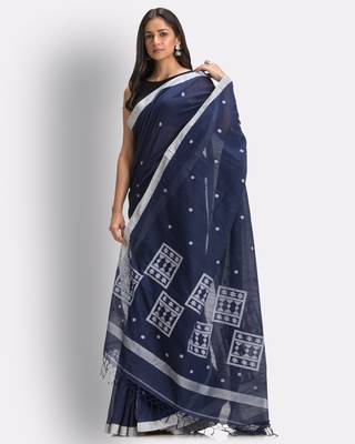 Navy blue hand woven cotton saree with blouse 3