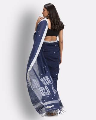 Navy blue hand woven cotton saree with blouse 4