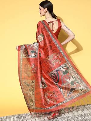 SAREE MALL Women's Manipuri Silk Red Printed Designer Saree With Blouse Piece 2