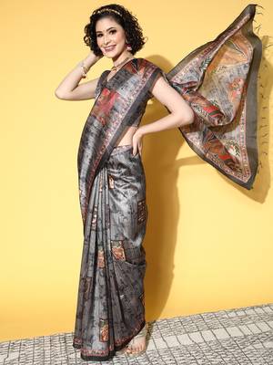 SAREE MALL Women's Manipuri Silk Charcoal Grey Printed Designer Saree With Blouse Piece 1