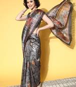 SAREE MALL Women's Manipuri Silk Charcoal Grey Printed Designer Saree With Blouse Piece