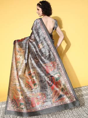 SAREE MALL Women's Manipuri Silk Charcoal Grey Printed Designer Saree With Blouse Piece 2