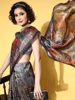 SAREE MALL Women's Manipuri Silk Charcoal Grey Printed Designer Saree With Blouse Piece 3