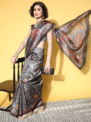 SAREE MALL Women's Manipuri Silk Charcoal Grey Printed Designer Saree With Blouse Piece 4