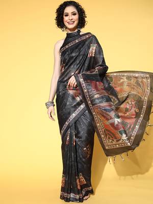 SAREE MALL Women's Manipuri Silk Black Printed Designer Saree With Blouse Piece 1