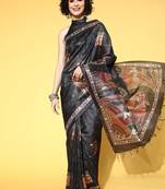SAREE MALL Women's Manipuri Silk Black Printed Designer Saree With Blouse Piece