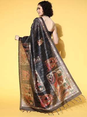SAREE MALL Women's Manipuri Silk Black Printed Designer Saree With Blouse Piece 2