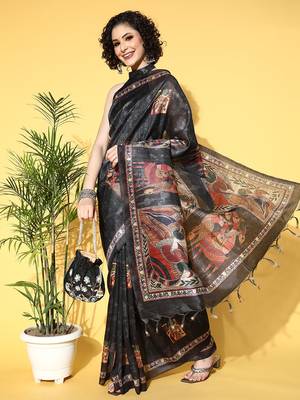 SAREE MALL Women's Manipuri Silk Black Printed Designer Saree With Blouse Piece 4