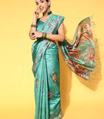SAREE MALL Women's Manipuri Silk Sea Green Printed Designer Saree With Blouse Piece