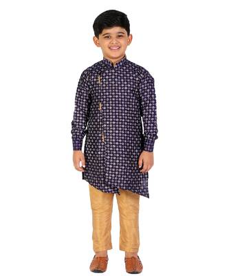 Navy Blue Embellished Silk Cut Kurta Pajama Set 1